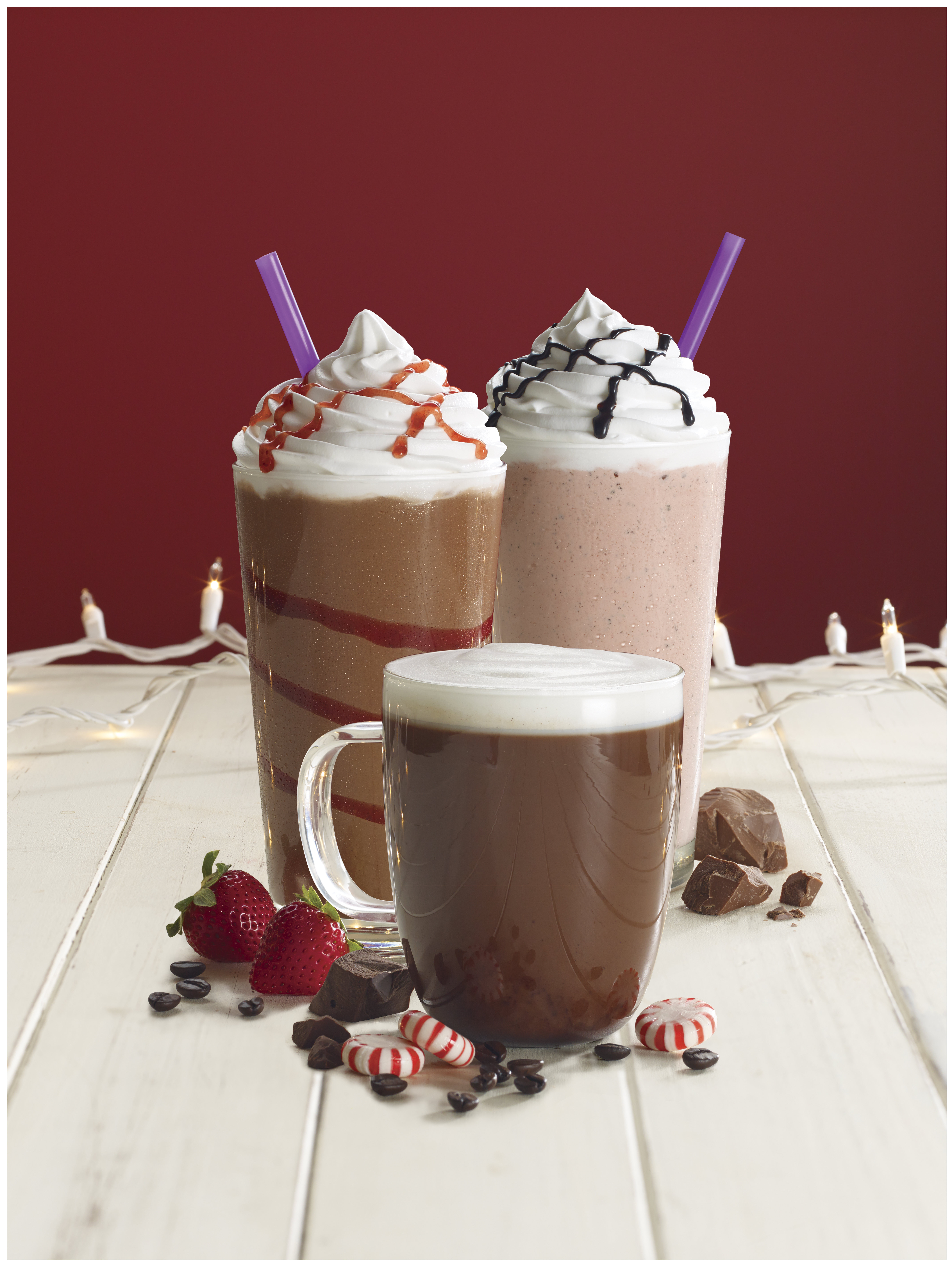 The Coffee Bean & Tea Leaf Double Chocolate Strawberry Ice Blended, Red Velvet Ice Blended and Double Chocolate Peppermint Latte.